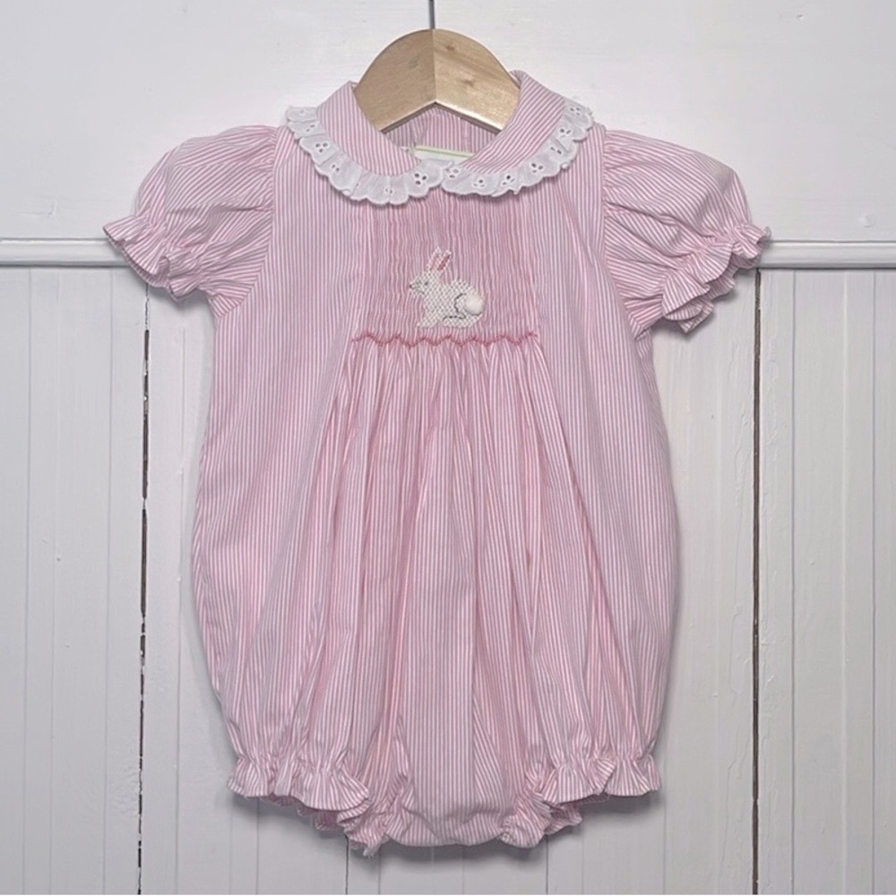 POSH TOTS ZUCCINI KIDS NWOT Pink Striped Hand Smocked Bunny Spring Bubble